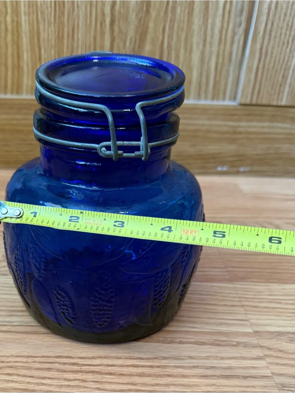 Vintage Italian Cobalt Blue Glass Canister, Embossed Grapevine Jar, Swing lid